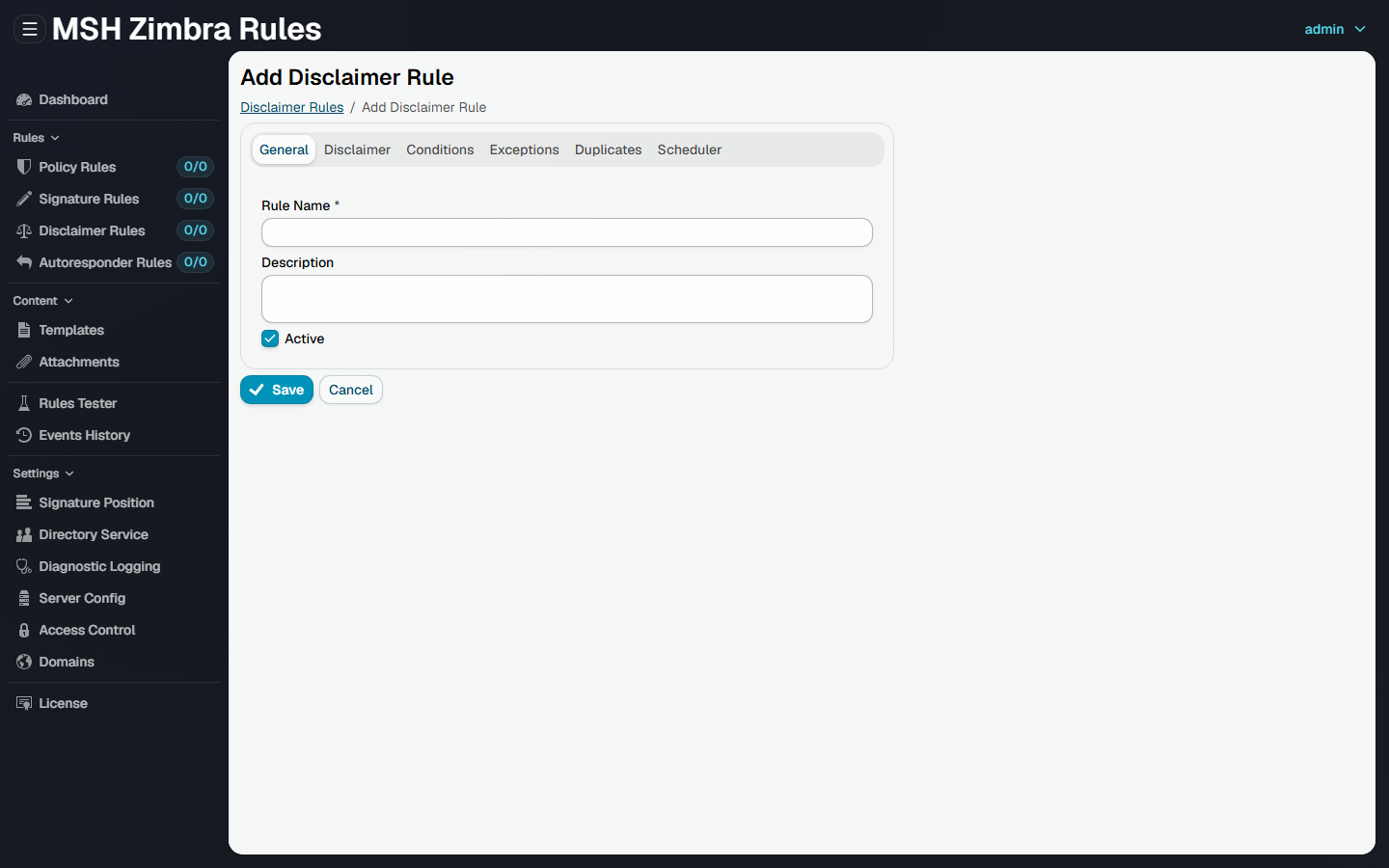 The Add Disclaimer Rule form in the Administrator Panel, with General, Disclaimer, Conditions, Exceptions, Duplicates and Scheduler tabs