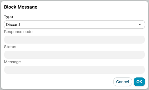 The Block Message action dialog of a policy rule, with the block type, response code, status and message fields
