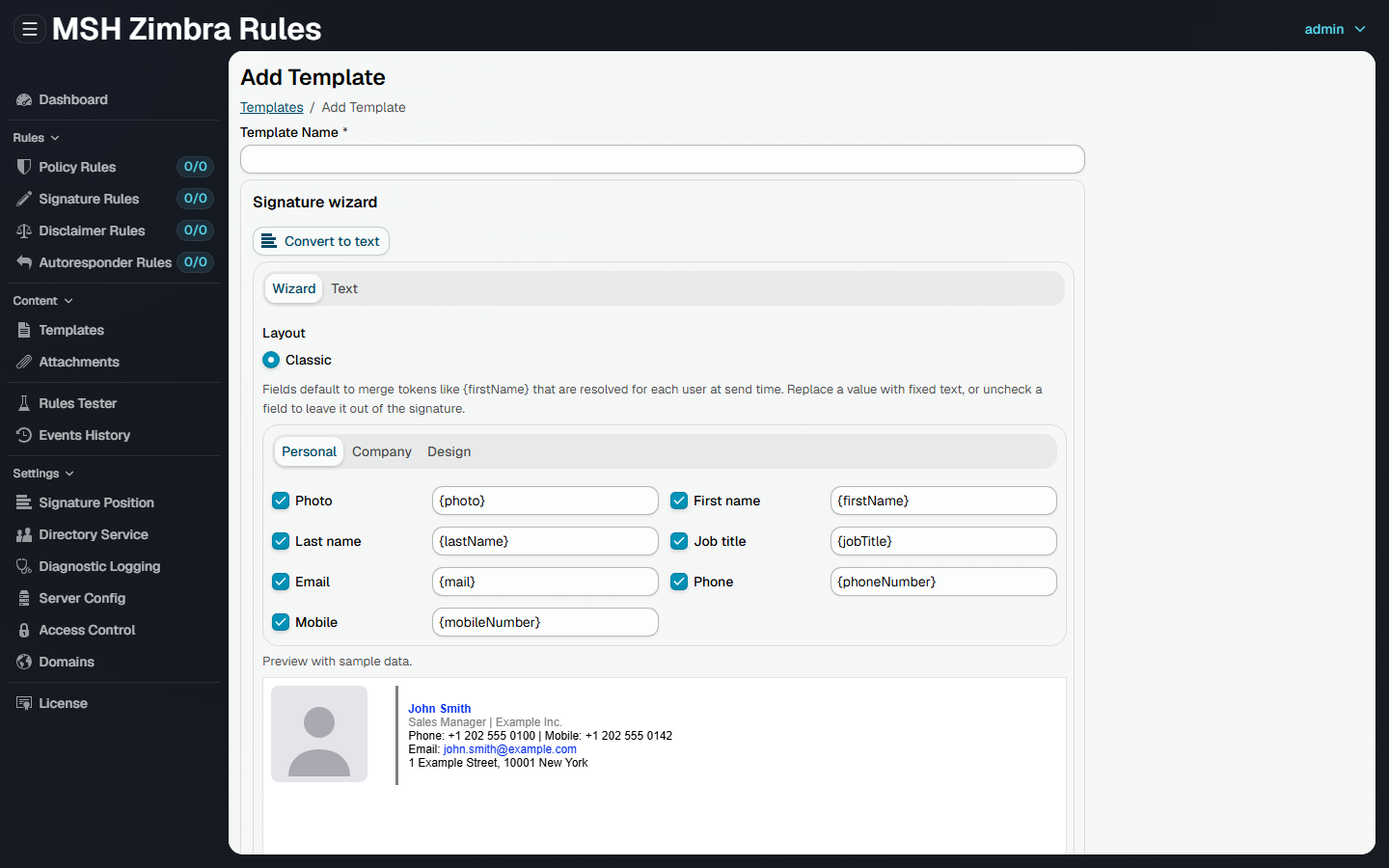 The signature wizard in the Administrator Panel - per-field merge tokens such as {firstName} and {jobTitle} with a live preview of the resulting signature